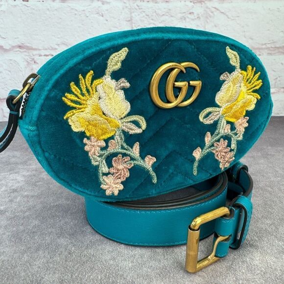 Authentic GUCCI GG Marmont Floral Embroidered Velvet Chevron Belt Bag - Picture 1 of 13